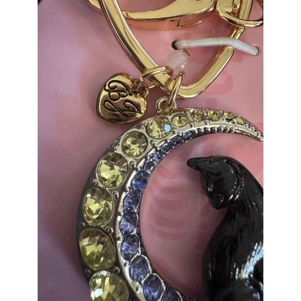 Betsey Johnson Halloween Black Cat Crescent Moon Bag Charm Keychain Coffin Box